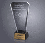 A glass award plaque on a black base