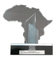 An Africa-shaped glass award on a black base