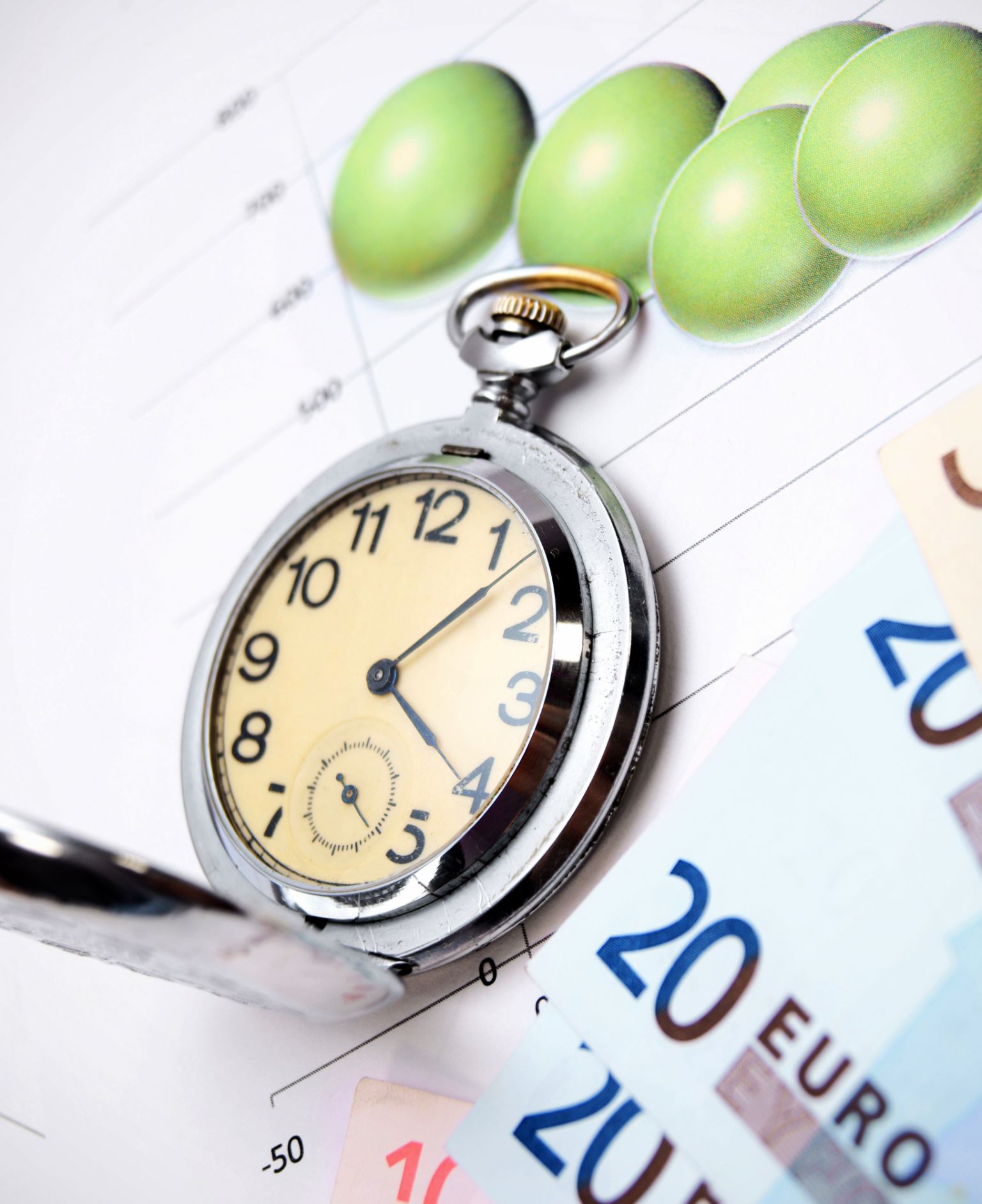 A pocket watch lying on euro notes and a chart