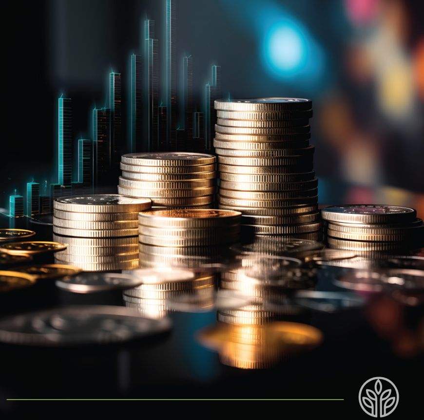 Stacks of coins in front of a glowing bar chart