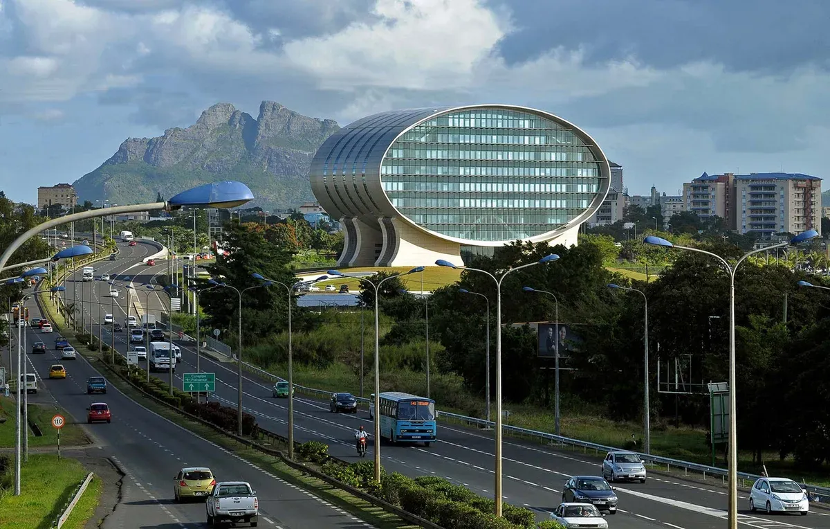 Ebène Cybercity, Mauritius, with the mountains behind