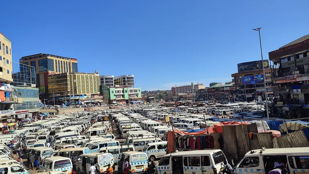 Kampala’s Old Taxi Park, with the city centre’s buildings behind