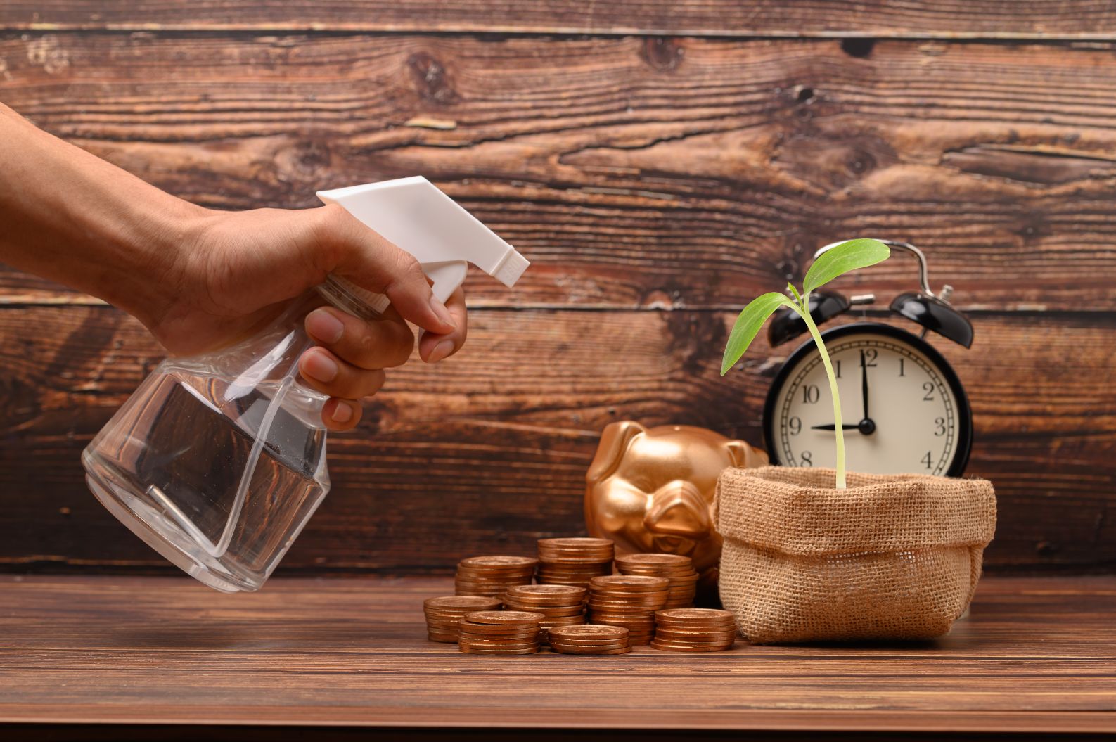 A hand watering a seedling beside coin stacks, a piggy bank and an alarm clock