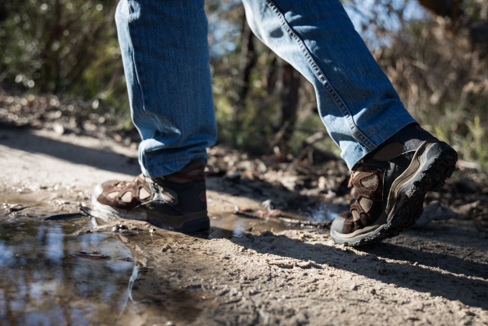 Walking boots on a muddy forest trail