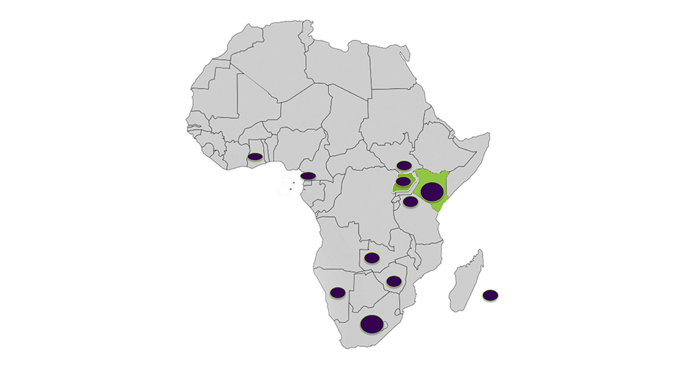 A map of Africa with Kenya highlighted and dots marking the countries Enwealth serves