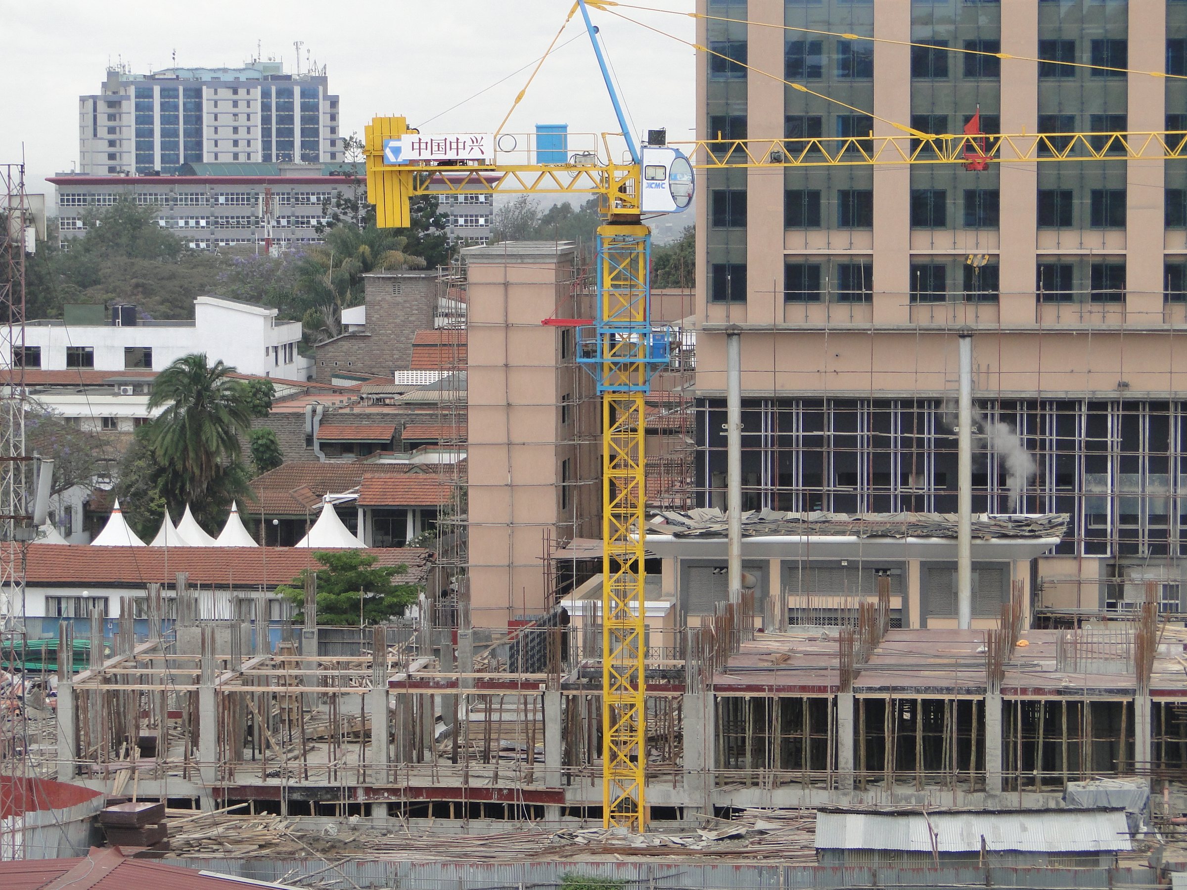 Tower cranes over a building site in central Nairobi