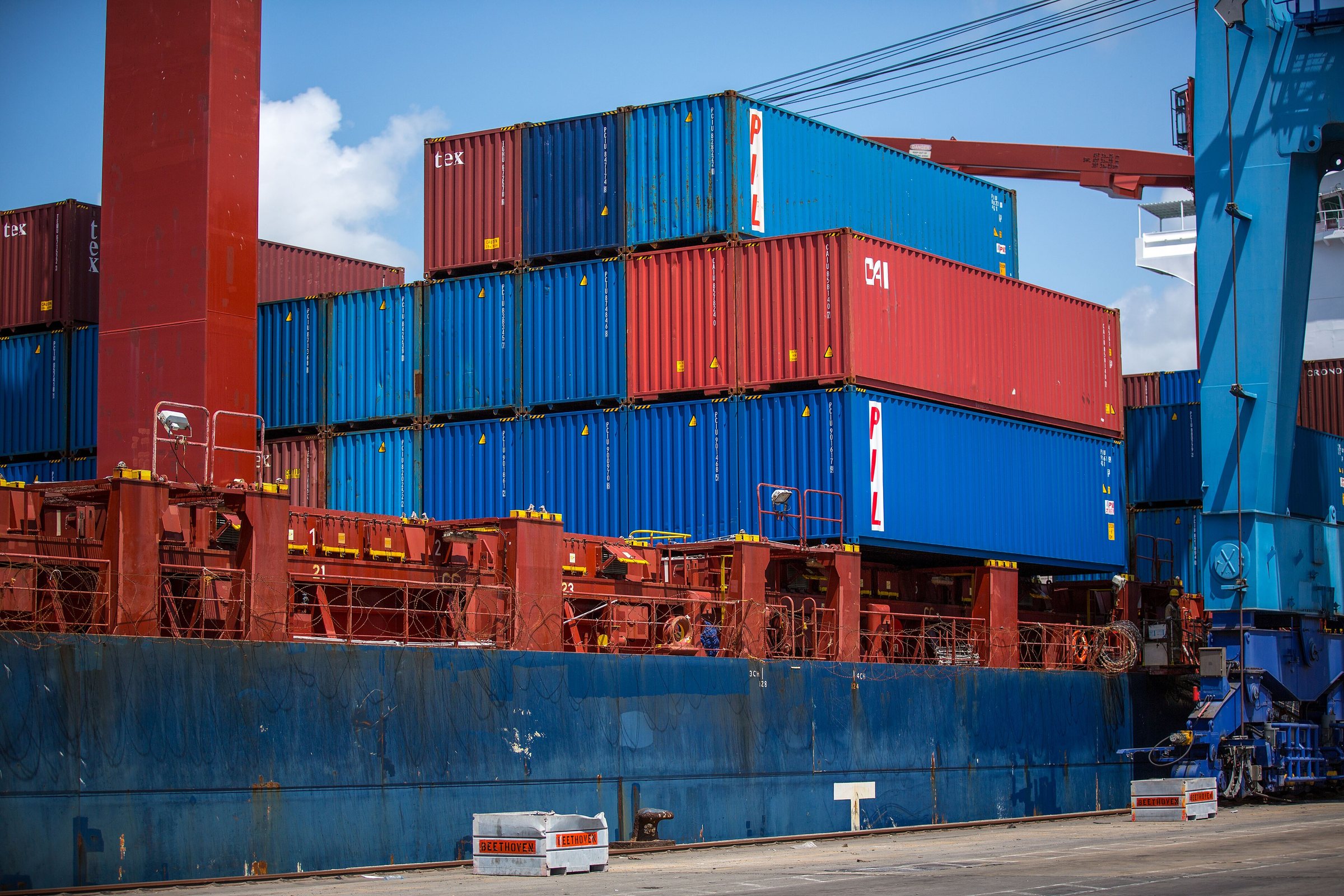 Containers stacked on a ship at the Port of Mombasa