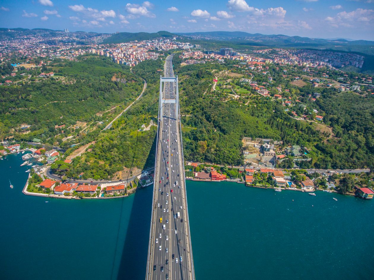An aerial view of a bridge across the Bosphorus in Istanbul