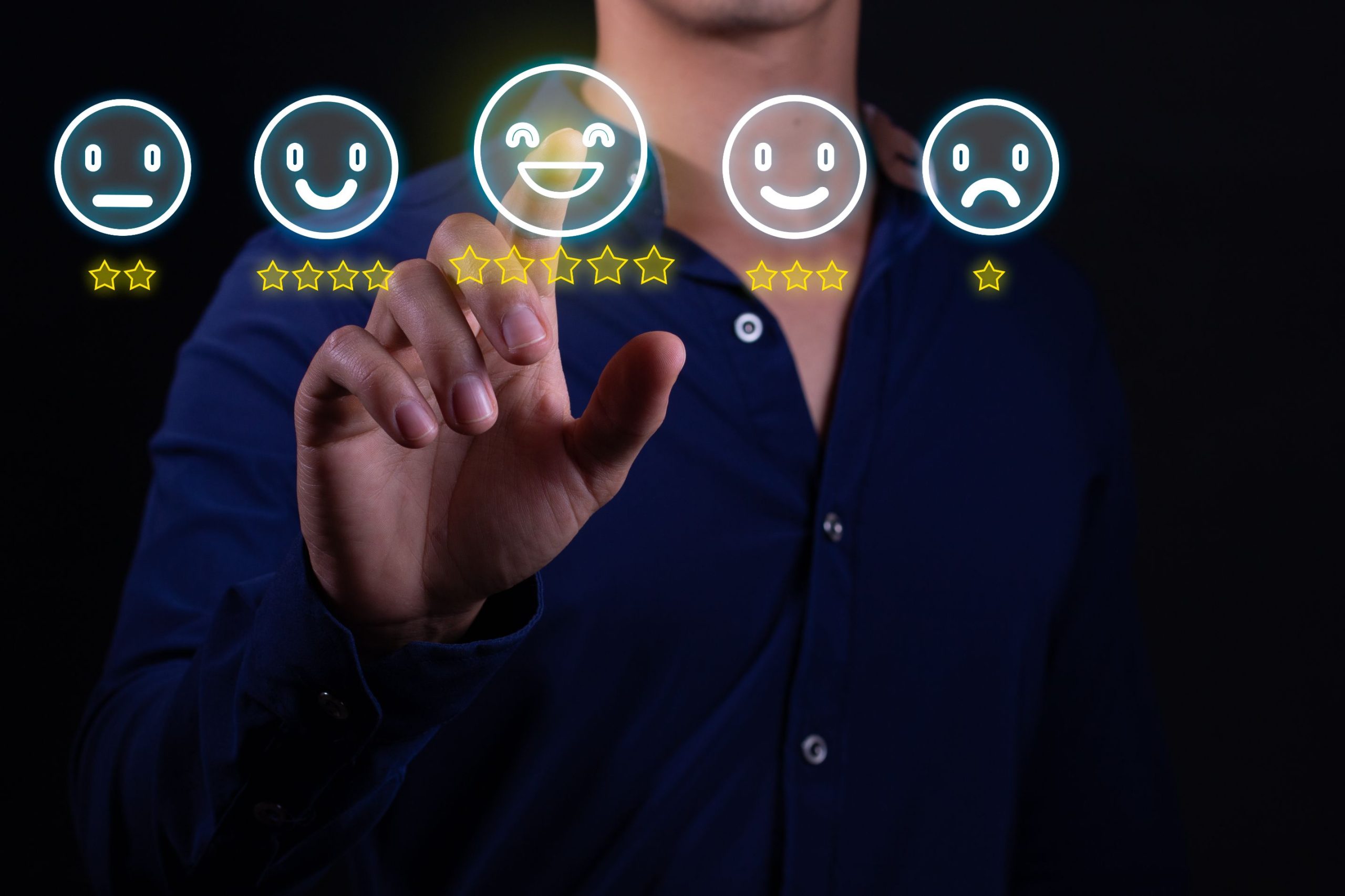 A hand selecting the happiest of five satisfaction faces on a screen